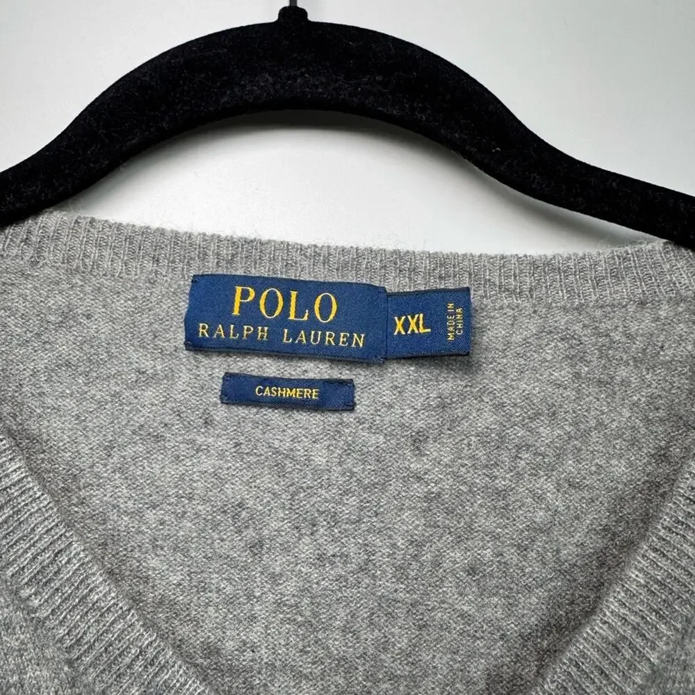 Polo Ralph Lauren Grey Cashmere Long Sleeve V Neck Sweater Size XXL